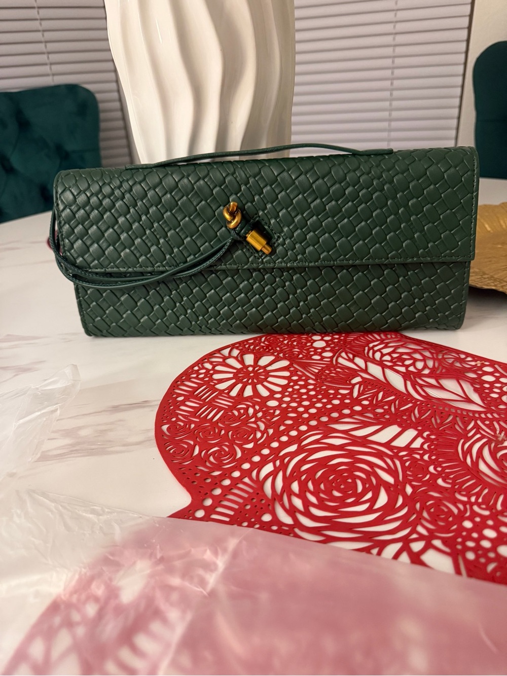 Dark Green Woven Leather Wristlet Clutch with Gold Accent